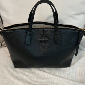 Tory  Burch black Ella pebbled leather med tote bag